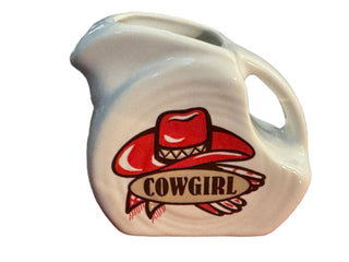 Fiesta Ware Retired COWGIRL DECAL on WHITE Mini Disk Pitcher
