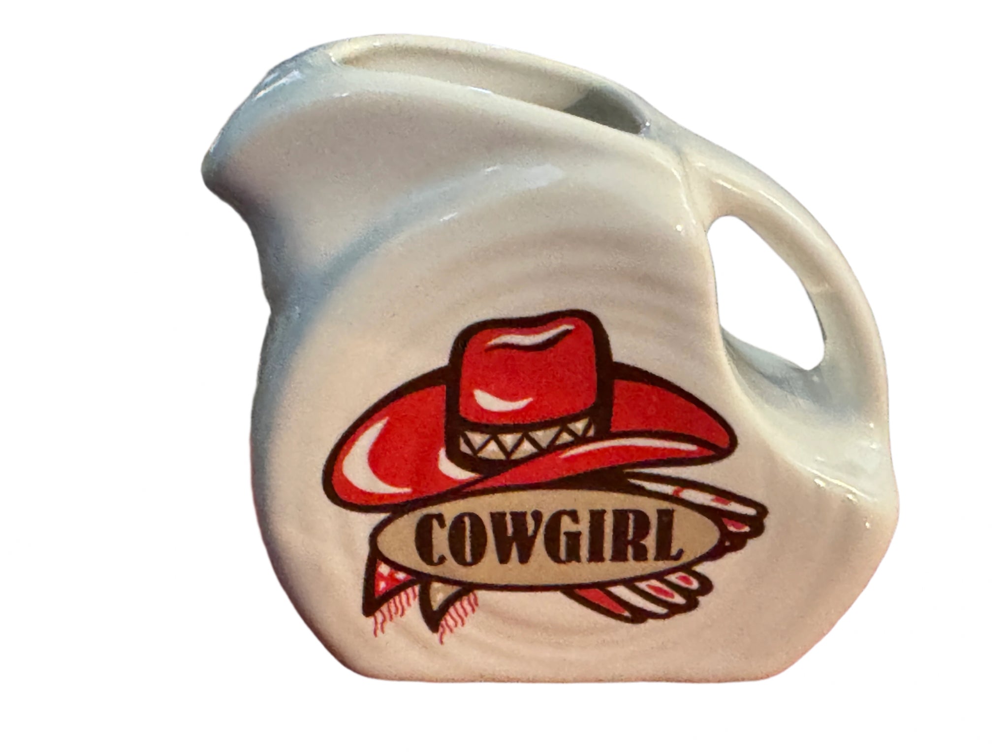 Fiesta Ware Retired Cowgirl Decal on White Mini Disk Pitcher