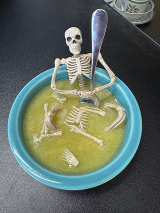 Skeleton Skelly Bone Broth  In Vintage Turquoise Bowl Color Me Mosaic