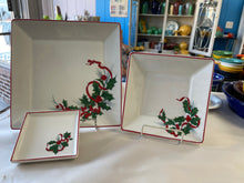 Load image into Gallery viewer, FIESTA 2003 SALARY CHRISTMAS HOLLY and RIBBON  PRISTINE 3 PC SQUARE PLATE SET
