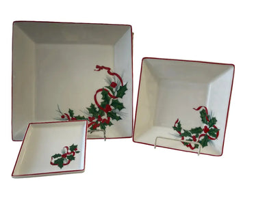 Fiesta 2003 Salary Christmas Holly And Ribbon Pristine 3 Pc Square Plate Set