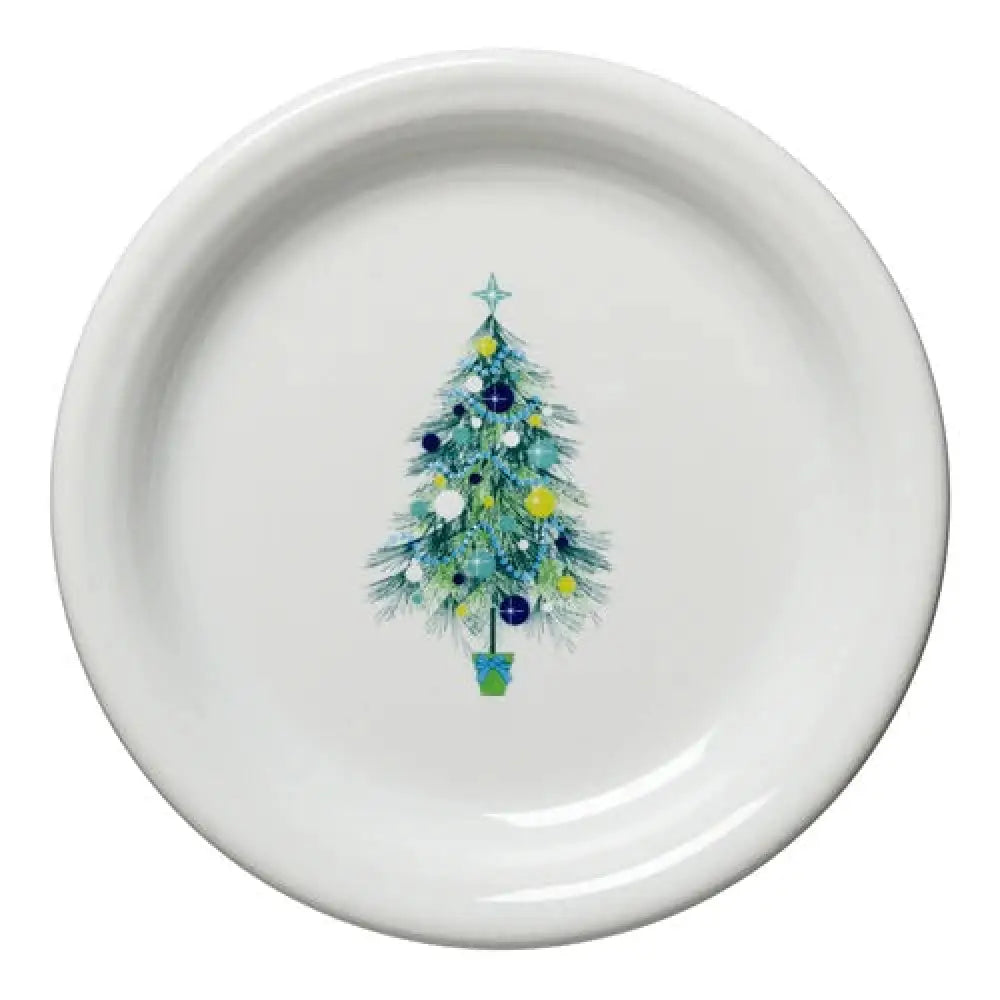 Fiesta Blue Christmas Tree On White Appetizer Plate. Retired Fiesta