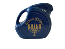 Load image into Gallery viewer, Fiesta Ftcco Festival Of Lights On Lapis Mini Disk Pitcher With Gold Decals Menorah Dreidel Fiesta
