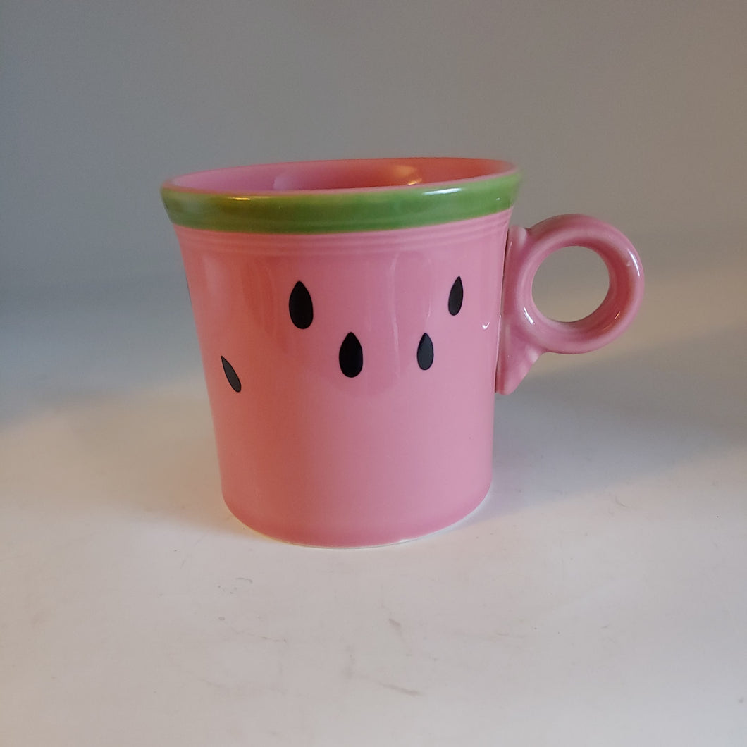 Fiesta Retired Watermelon Decal On Rose Pink Ring Handle Coffee Mug Cup