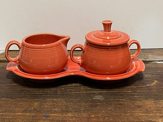 Fiesta Persimmon Cream and Covered Sugar with Figure-8 tray excellent condition