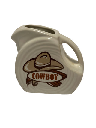 Fiesta Ware Retired COWBOY DECAL on WHITE Mini Disk Pitcher